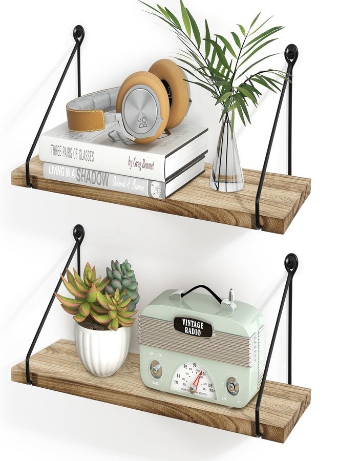 Sapowerntus Floating Shelves Wall Mounted Shelf Rustic Light Wood Bathroom Bedroom Kitchen Hanging Storage Organizer with Triangle Metal Brackets Farmhouse Living Room Office Home Decor Set of 2 - Image 1